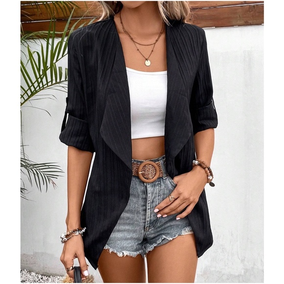 Ribbed Open front Cuffed Sleeve Blazer Jacket - Picture 3 of 12